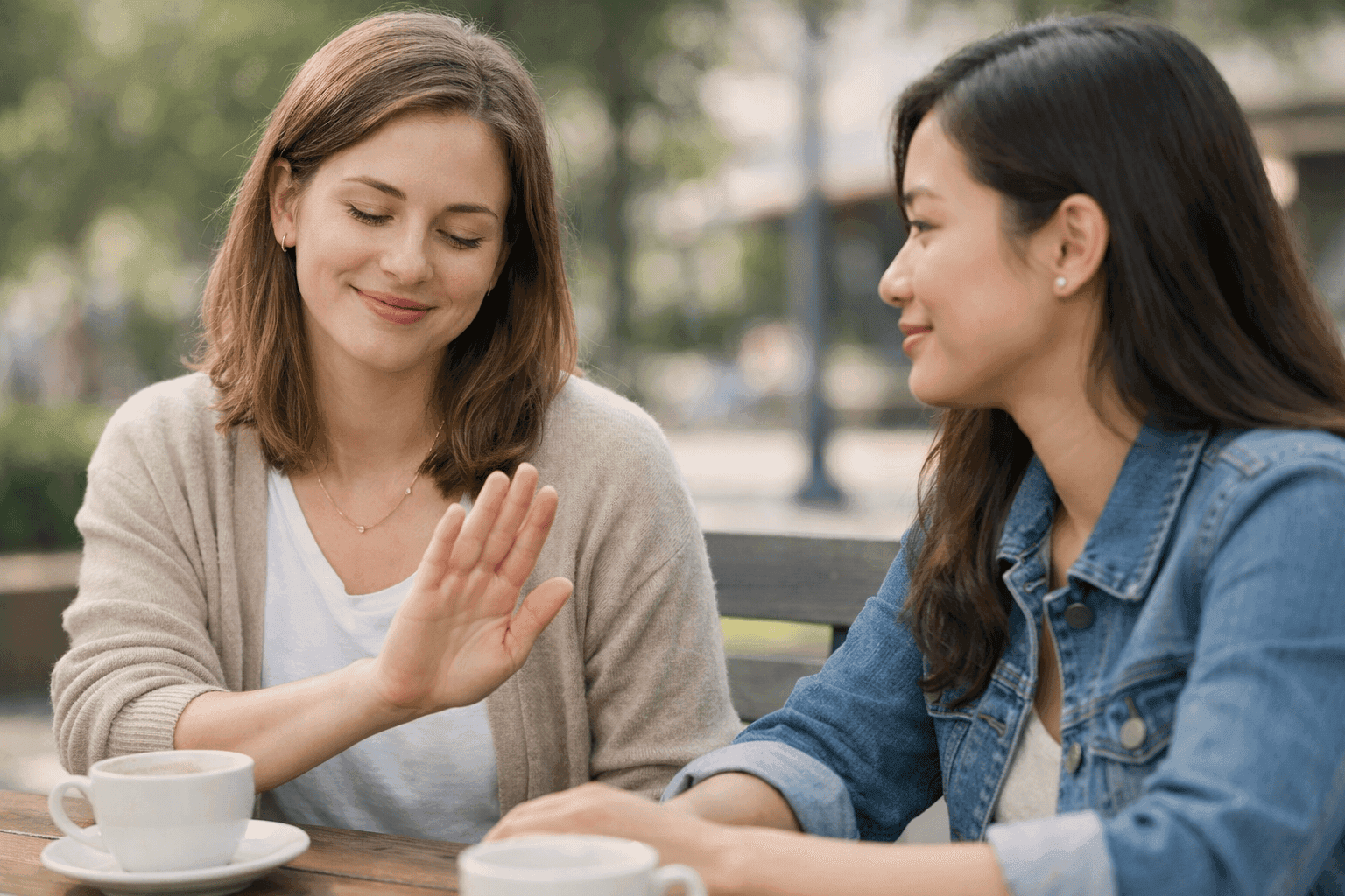 Friend politely declining a request during a calm conversation