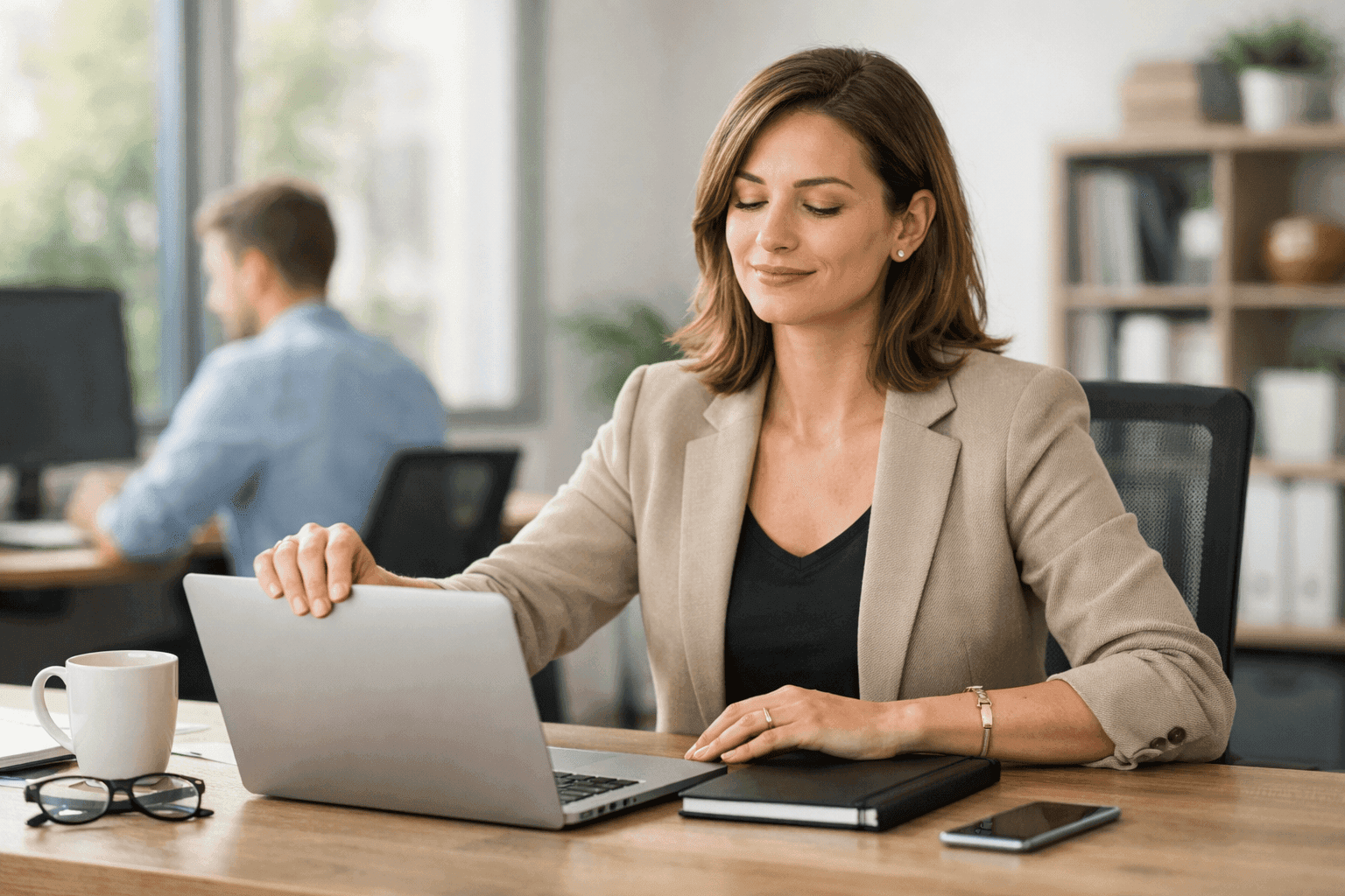 Professional calmly setting boundaries with a colleague at work