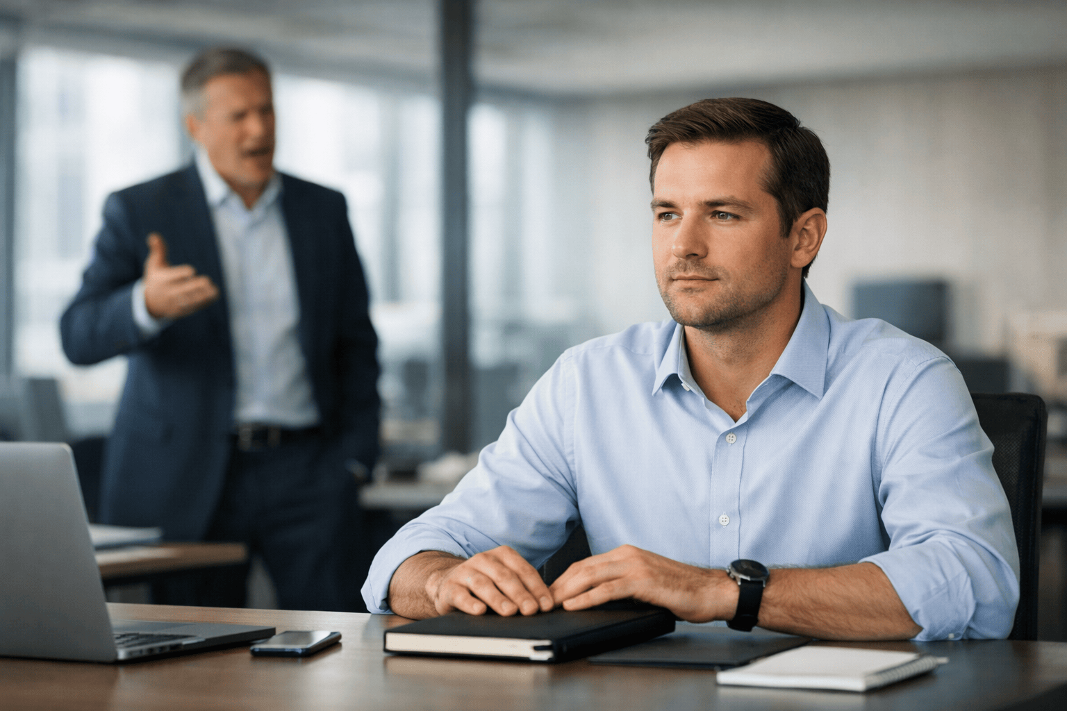 Professional confidently declining extra tasks at work while reviewing priorities